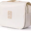 beige hanging toiletry cosmetic bags – travel-size makeup organizer with hook.