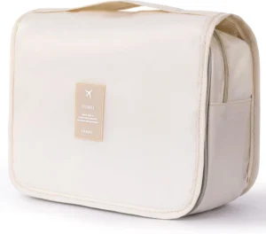 beige hanging toiletry cosmetic bags – travel-size makeup organizer with hook.
