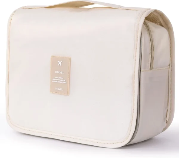 beige hanging toiletry cosmetic bags – travel-size makeup organizer with hook.