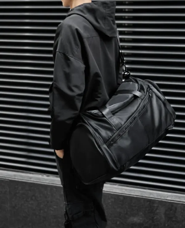 plain black large duffel gym bag with wet and dry compartments