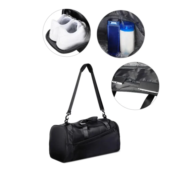 plain black large duffel gym bag with wet and dry compartments